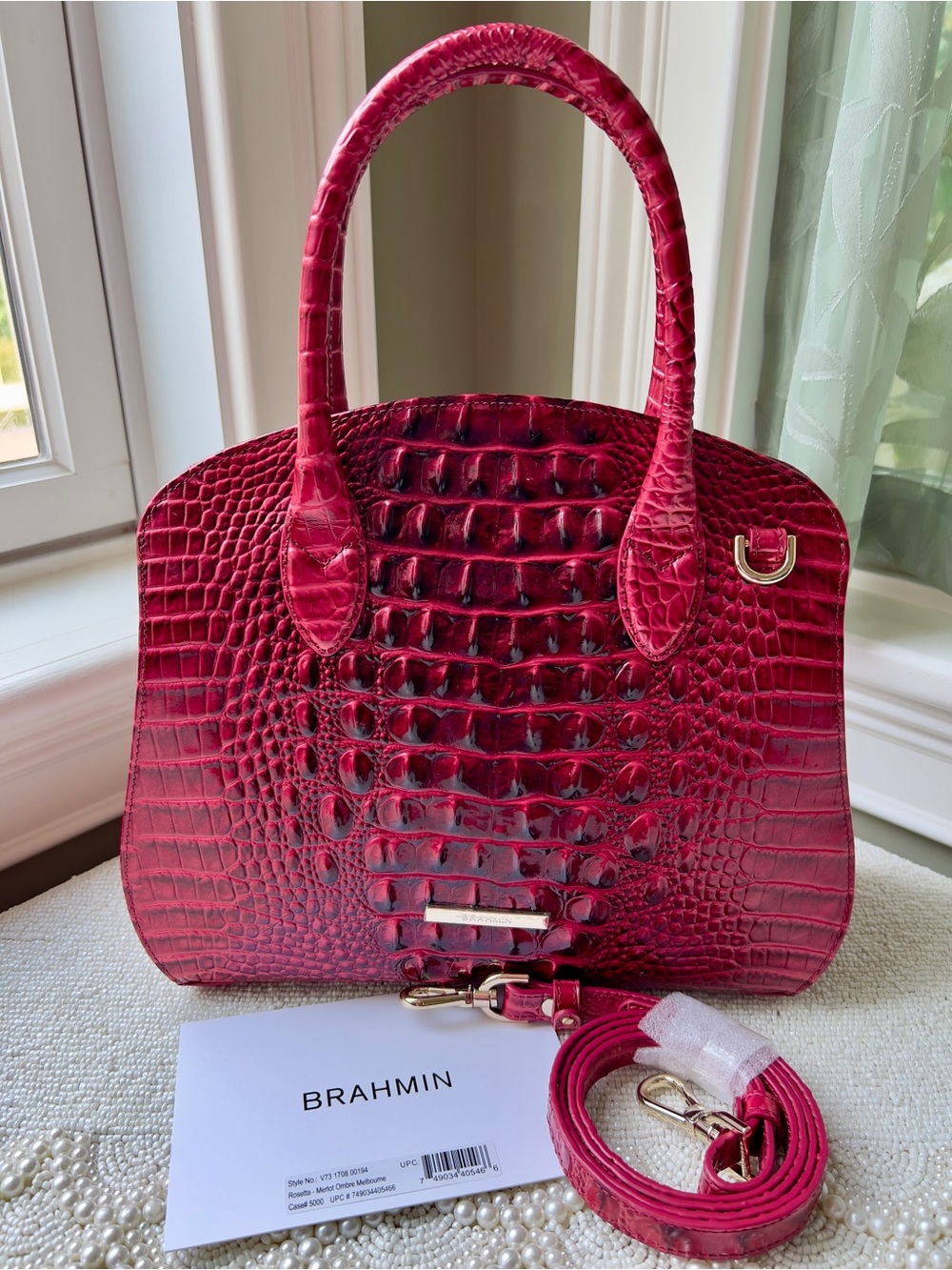 NWT Brahmin Leather ROSETTA Satchel, Merlot Ombre, Dark Red Croc-Embossed